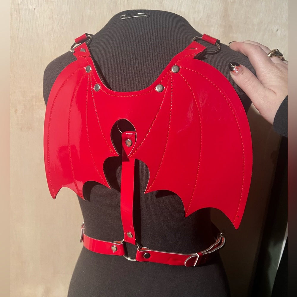 Red faux leather devil wings harness